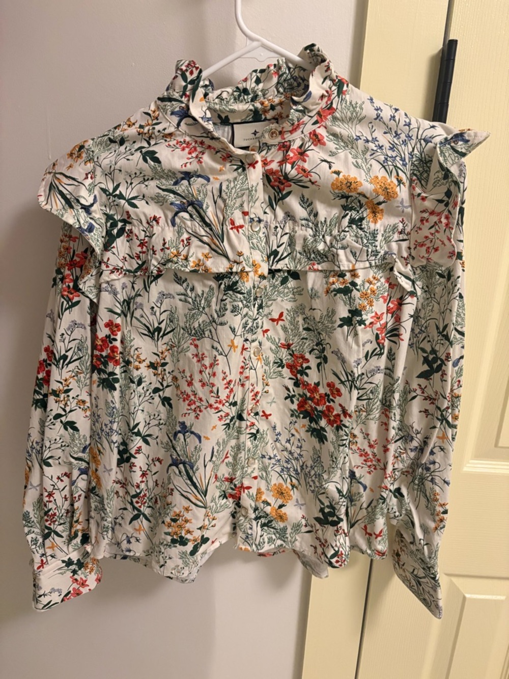 Tuckernuck White Floral Ruffle-Trim Blouse